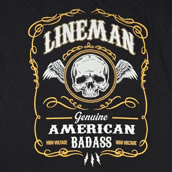 Hanes Mens M Lineman Skull Wings‎ Tee Black High Voltage Y2K Bold Graphic Shirt - Picture 4 of 11